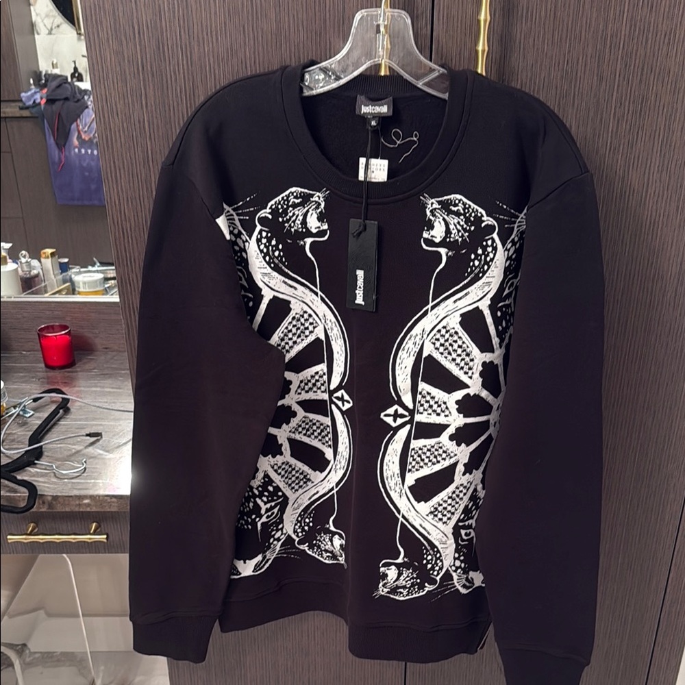 Just Cavalli Black and White Crewneck Sweater with Tiger Design